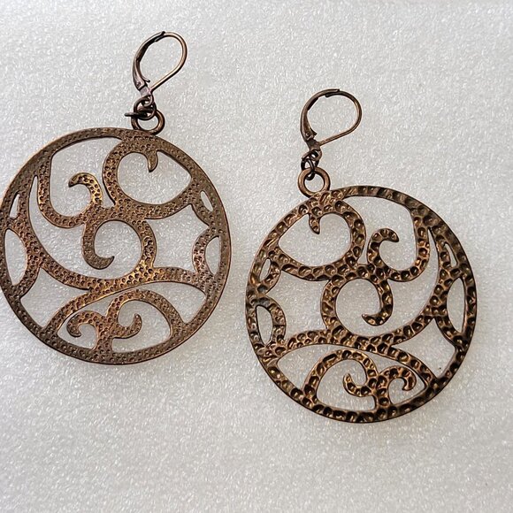 Round Antique Bronze Hued Filigree Earrings - Picture 7 of 12